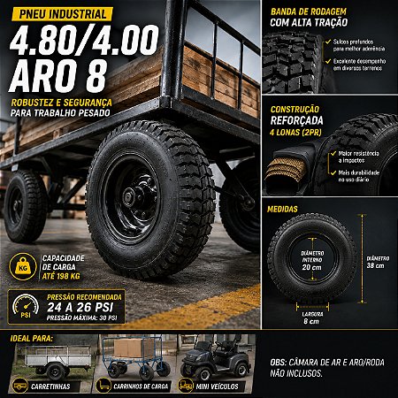 Pneu 4.80/4.00 Aro 8 Carretinha Carga 4 Lonas Onetools