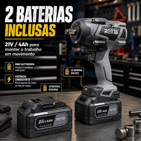 Chave Impacto Brushless 1/2 1000Nm 21V 2 Baterias Rotta376