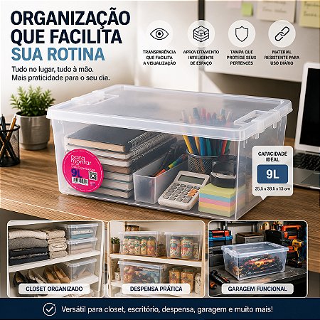 Caixa Organizadora UP 9L Transparente Com Tampa prática 38CM