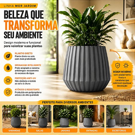 Vaso Cachepot Mor 31cm Cinza Jardim Para Plantas Com Prato