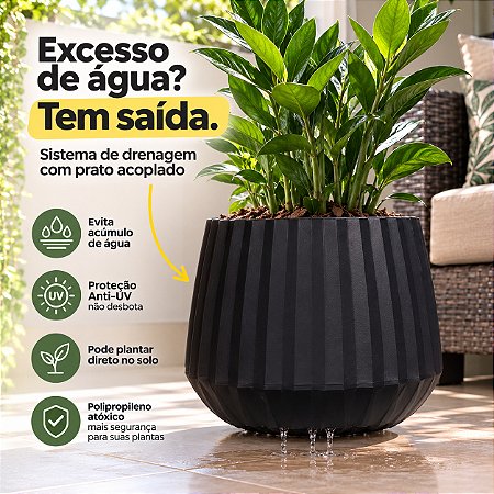 Vaso Cachepot Mor 31cm Preto Para Plantas Jardim Com Prato