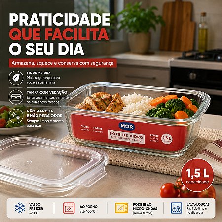 Pote De Vidro Retangular Hermético Tampa Marmita BPA Free