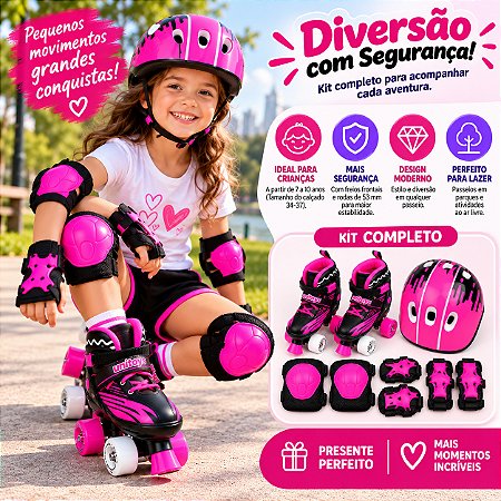 Patins Infantil Quad 4 Rodas Kit Proteção Capacete Menina