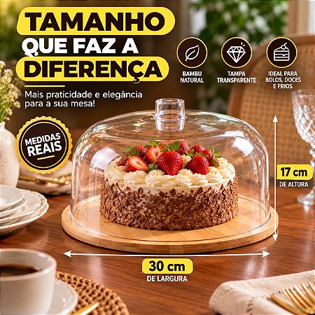 Boleira Bambu Com Tampa Em Acrílico Porta Bolo Pudim 30 cm