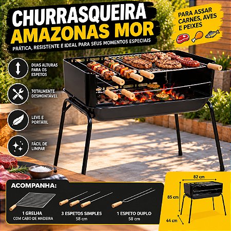 Churrasqueira Mor Amazonas Portátil + Grelha + Espetos Preto