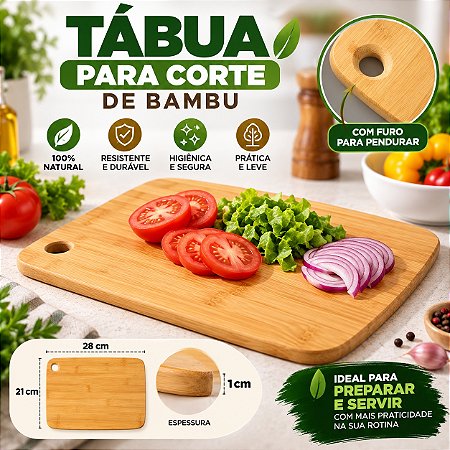 Tábua Bambú P/ Corte 100% 28cm Natural Cozinha Carne Legumes