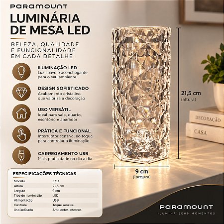 Luminária De Mesa Touch LED Cristal USB Recarregável 21,5cm