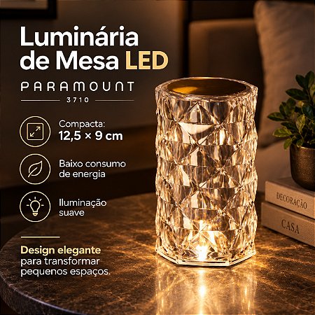 Luminária De Mesa Led Cristal Recarregavel Com Touch 12,5cm
