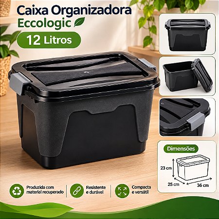 Caixa Organizadora Multiuso Cor Preta Com tampa 12 litros