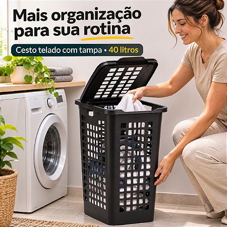 Cesto De Roupa Suja 40L Telado Com Tampa Banheiro Lavanderia
