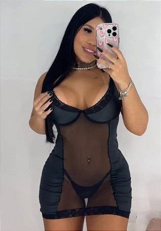 Camisola Sensual em Cirrê com Transparência Calcinha Regulável Preto
