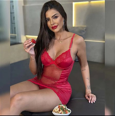 Camisola Sensual em Cirrê com Transparência Calcinha Regulável Vermelho