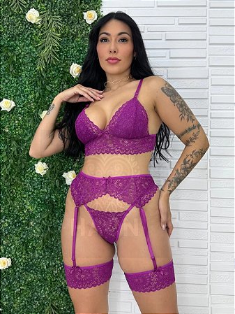Conjunto Lingerie com Cinta Liga Sensual Roxo