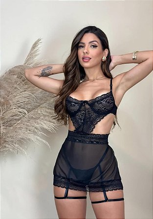Camisola Sensual com Calcinha Cinta Liga Preto