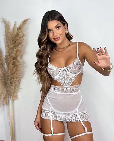 Camisola Sensual com Calcinha Cinta Liga Branco
