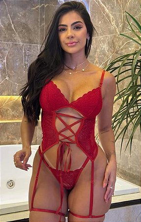 Espartilho Sensual com Cinta Liga e Calcinha Rendada Vermelha