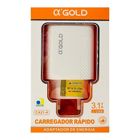 Fonte Carregador Celular AlphaGold Dois USB 3.1A CA 21-4 (FONTEAGCA214)