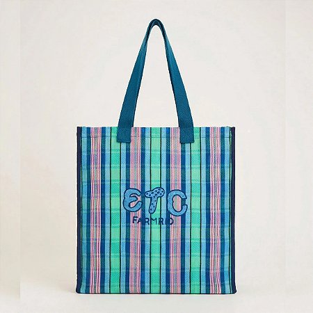 Bolsa Tote de Ráfia Farm Multicolor Azul e Verde
