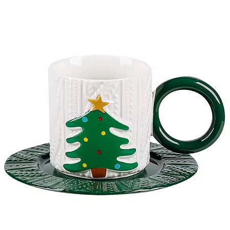Xícara Natal Árvore com Pires Cerâmica