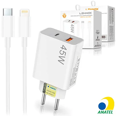 Carregador de Celular Turbo 45W PD USB com Cabo Lightning 1M Lehmox