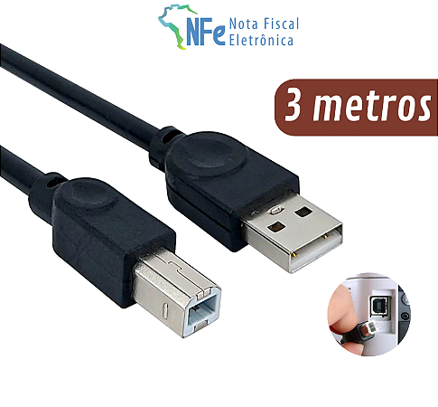 Cabo USB Tipo B com 3 metros para Impressora Scanner Multifuncional Bateria Eletrônica Teclado Piano