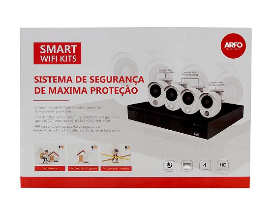 KIT XVR ARFO SMART E CÂMERAS COM SENSORES DE CALOR, GÁS E SIRENE