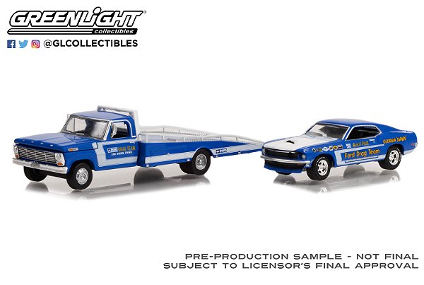 1/64 GREENLIGHT 1969 FORD F-350 RAMP TRUCK + 1969 MUSTANG FORD DRAG TEAM H.D. TRUCKS SERIE 24