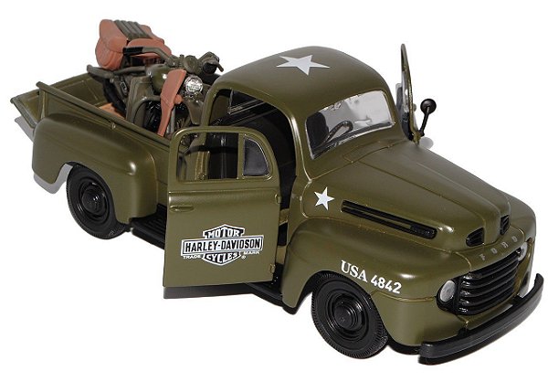 1942 FORD F-1 PICKUP + MOTO HARLEY WLA FLATHEAD MILITAR USA 1/24