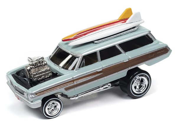 1/64 JOHNNY LIGHTNING 1964 FORD COUNTRY SQUIRE ZINGERS WOODY W/SURFBORDS BLUE