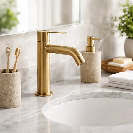 Torneira Banheiro Inox 1/4 de Volta Bica Baixa Dourada