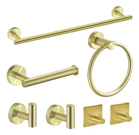 Toalheiro para Banheiro Inox Dourado - Kit 7 Peças