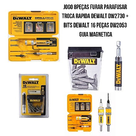 Jogo 8 peças Furar e Parafusar Troca rápida DeWALT + Bits DeWALT 16peças DW2053 guia magnética