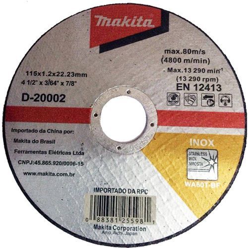 Disco de Corte Abrasivo Fino 4 1/2x3/64x7/8 GR 60 - D-20002-10 - Makita