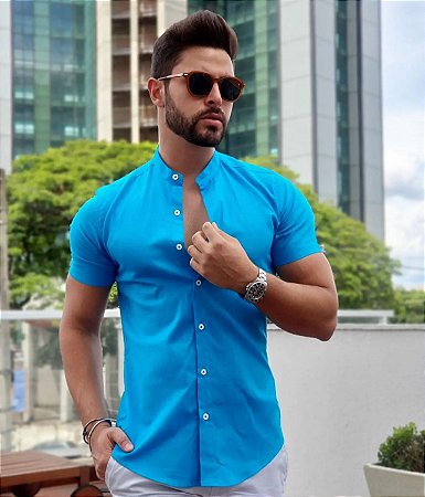 CAMISA MC LINHO AZUL TURQUESA
