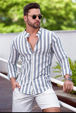 CAMISA ML SLIM LISTRADA AZUL MESCLA