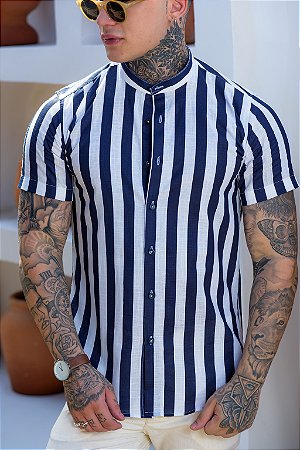 CAMISA SLIM LISTRADA AZUL & BCO