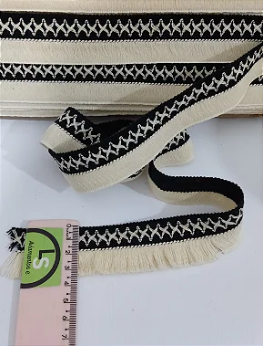FRANJA DE ALGODÃO - Cru com Preto - 3,5 cm - COM Medidas de 10M / 50M