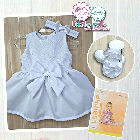 VESTIDO BATIZADO BEBÊ MENINA KIT BRANCO LAÇO