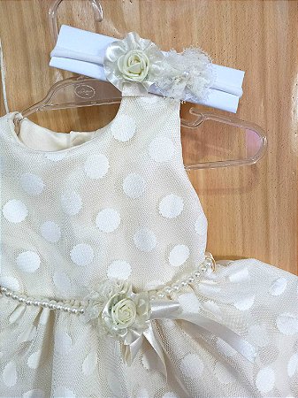 VESTIDO BEBÊ MENINA TULE POÁ CINTO DE PEROLA