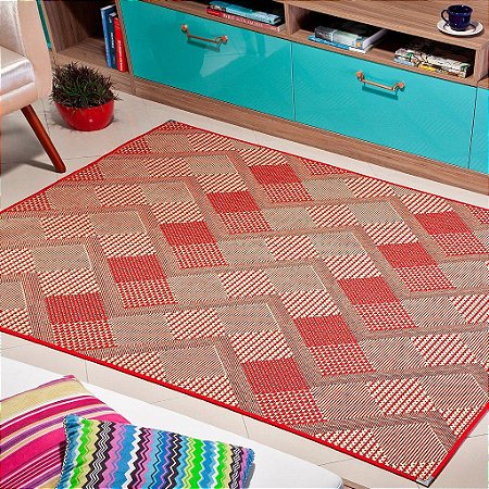 Tapete para Sala Sisal Antiderrapante com Quina de Proteção Chevron Vermelho - S565- 2,00x2,50