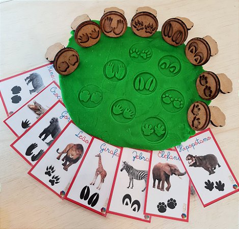 Carimbos para massinha - Pegadas Animais Selvagens + cards - Base MDF