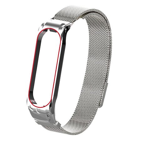 Pulseira de Metal Magnética Prata com detalhe Vermelho - Mi Band 5 e 6