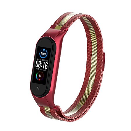 Metal Vermelho Listra Dourado com Trava de Segurança - Mi Band 5 e 6