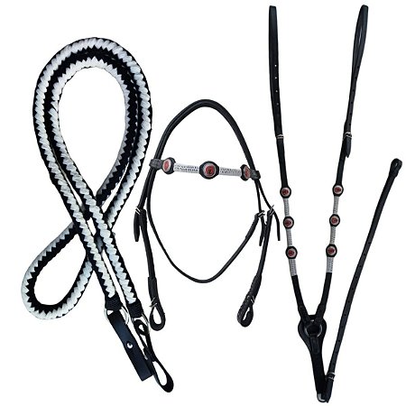 Conjunto Peitoral, cabeçada e rédea mangalarga em couro com trançado Com Linha!!!