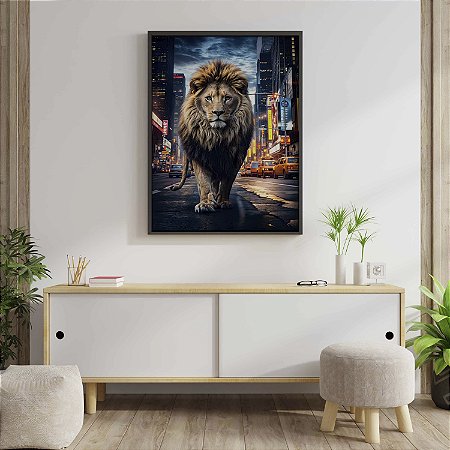 Quadro Decorativo Leão Lion Caminhando Ruas Nova York Imponente