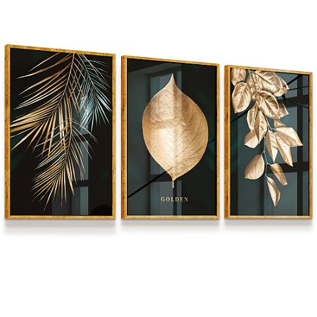 Quadro Decorativo Folhas Golden Palmeiras Douradas Folhagens Kit 3 Quadros