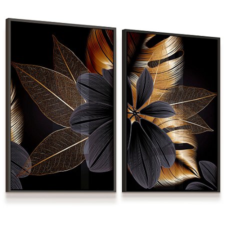 Quadro Decorativo Folhagem Ouro Flor Gold Kit 2