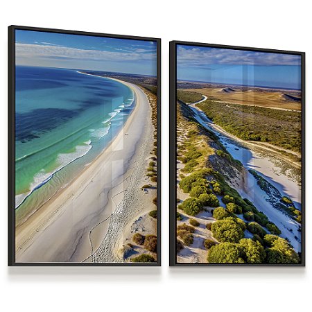 Quadro Decorativo Mar Praia Ondas Árvores Céu Azul Kit 2