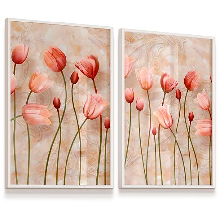 Quadro Decorativo Tulipas Botão Rosa Flores Rose Kit 2