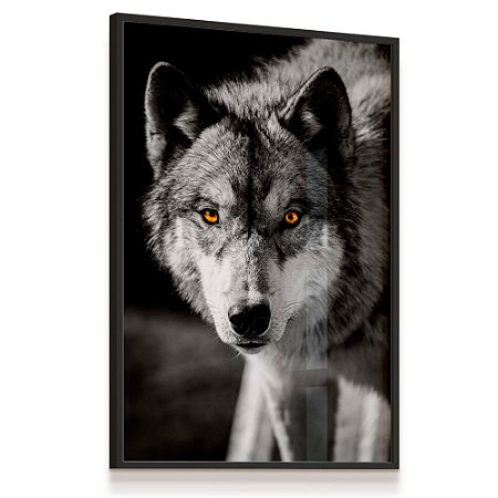 Quadro Decorativo Lobo Preto e Branco Animal